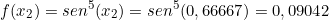 \[ f(x_{2}) =sen^{5}(x_{2}) = sen^{5}(0,66667) = 0,09042 \]