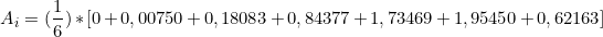 \[ A_i = (\frac{1}{6}) * [0 + 0,00750 + 0,18083 + 0,84377 + 1,73469 + 1,95450 + 0,62163   ] \]